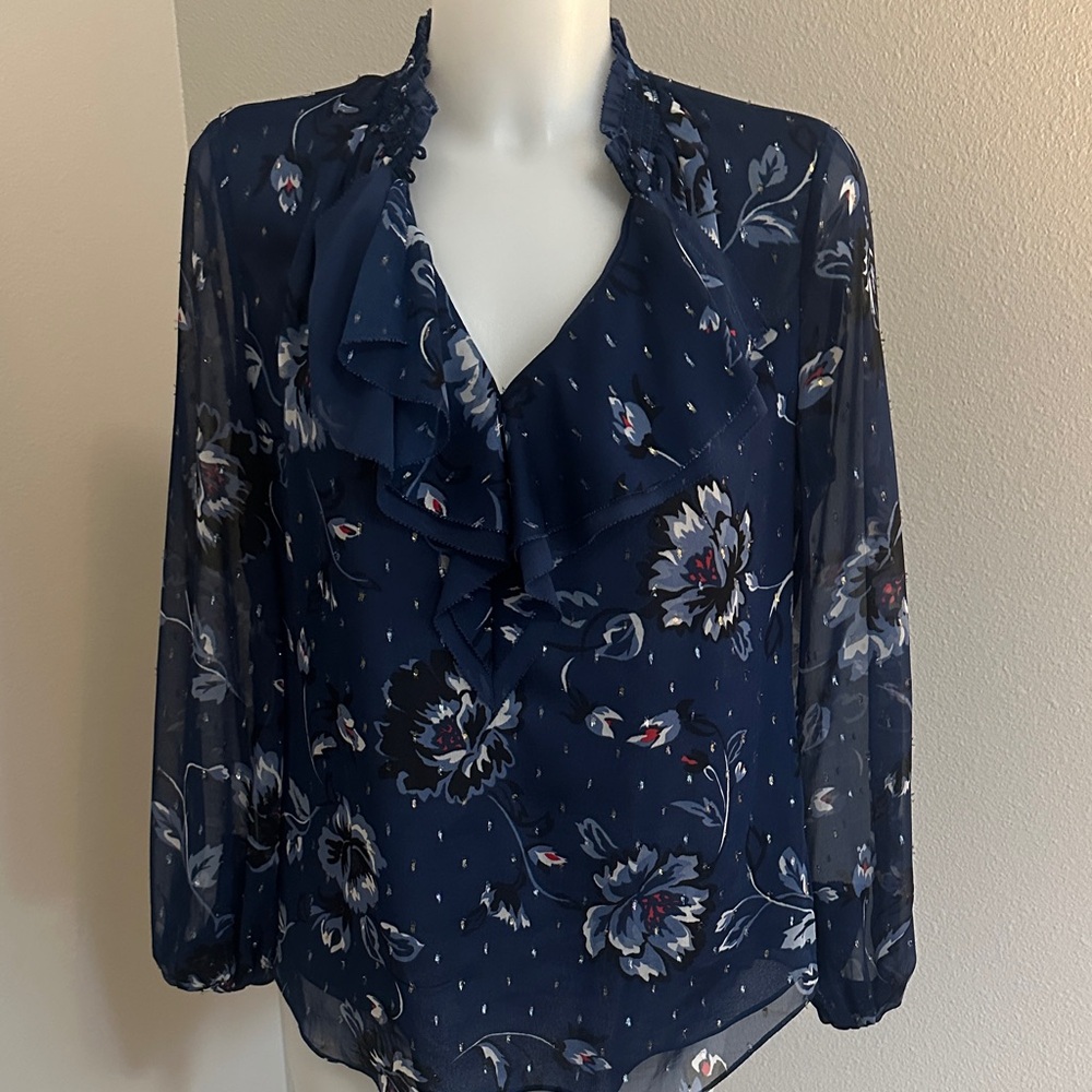 White House Black Market Navy Floral Blouse